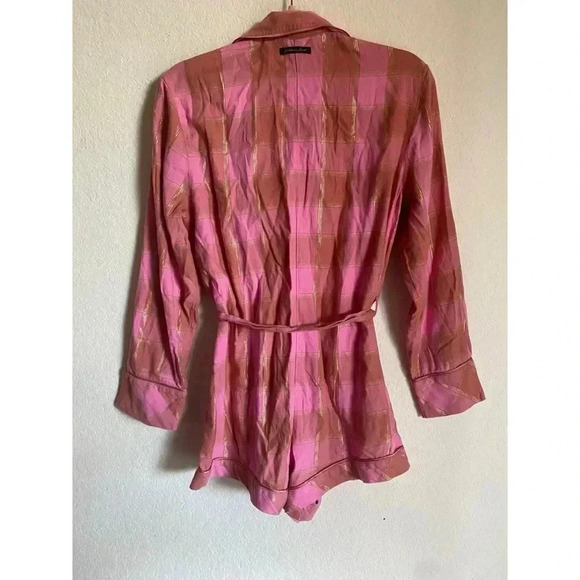 Victoria’s Secret Flannel Tie Romper Cherry Plaid Gold Trim Y2K Loungewear S - Picture 3 of 13